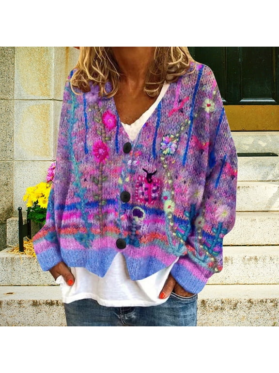 Womens Cardigan Sweater New Abstract Printed Casual Fall Cardigan Coat Spring Trendy