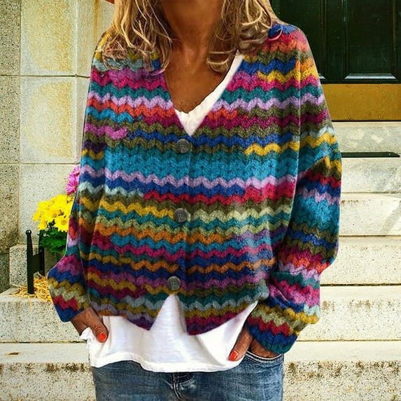 Delayuji Womens Cardigan Sweater New Abstract Printed Casual Fall Cardigan Coat Spring Trendy