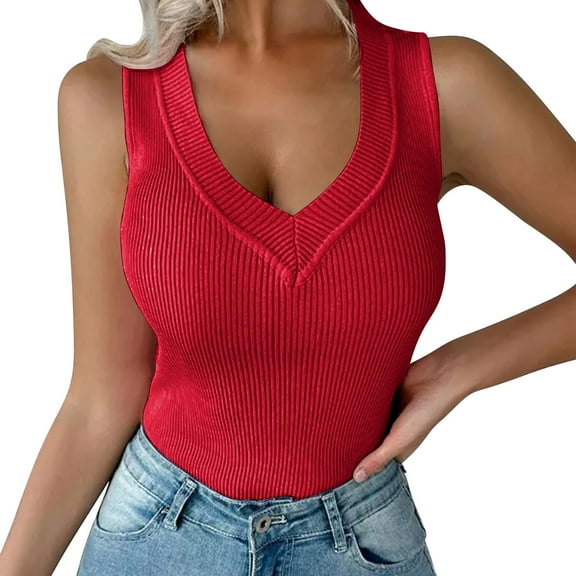 Delayuji Womens Casual Slim Fit V Neck Ribbed Knit Tanks Tops Sleeveless T Shirts Blouses Red L Polyester,Spandex Spring Tops for Women