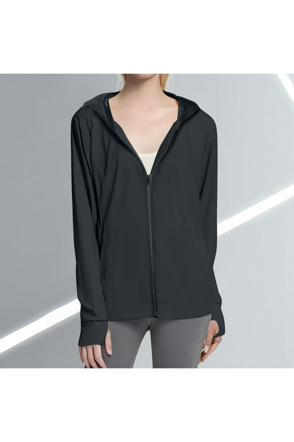 Womens Coat Solid Color Hooded Sun Protection Long Sleeve Jacket Lightweight Ice Silk Sports Outdoor Zipper Jacket