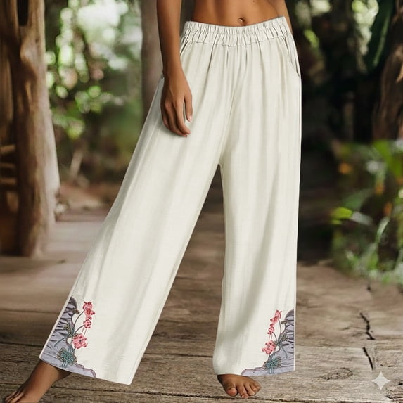 Delayuji Womens Cotton Linen Pant Casual Daily Embroidery Flora Printed Wide Leg Pant Retro Style Pants Plus Size M-4XL