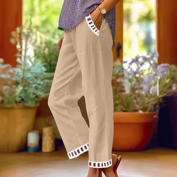 Delayuji Womens Cotton Linen Pants Elastic Waist Casual Pants Trouser Lightweight Loose Fit Baggy Pants Summer