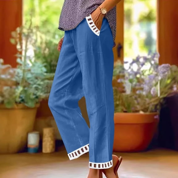 Delayuji Womens Cotton Linen Pants Elastic Waist Casual Pants Trouser Lightweight Loose Fit Baggy Pants Summer