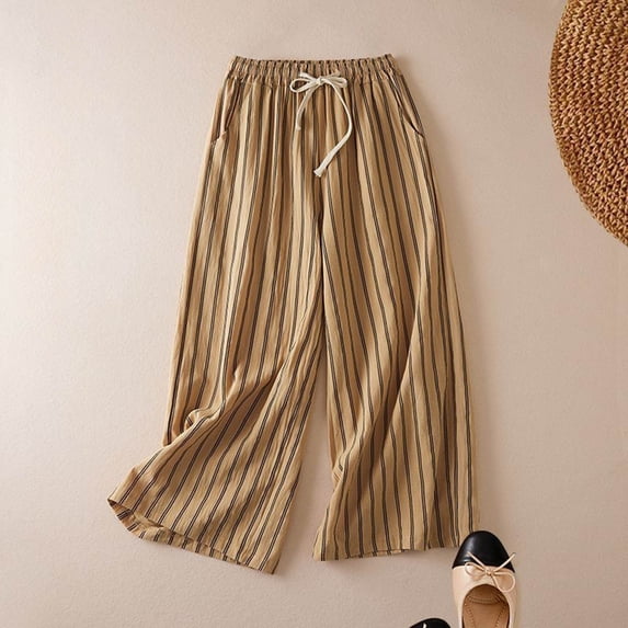 Delayuji Womens Cotton Linen Pants Striped Printed Solid Color Wide Leg Pant Loose Straight Leg Baggy Casual Pants