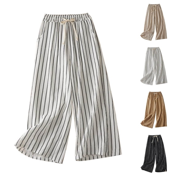 Delayuji Womens Cotton Linen Pants Striped Printed Solid Color Wide Leg Pant Loose Straight Leg Baggy Casual Pants