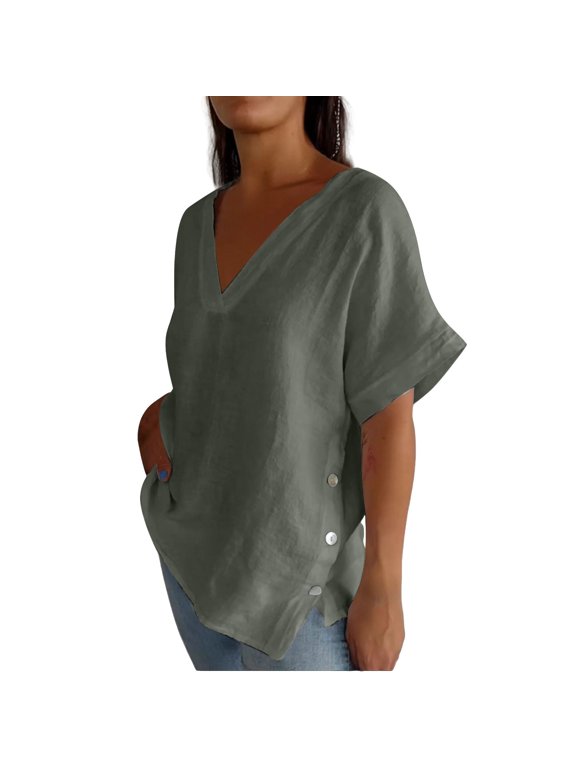 Womens Cotton Linen Shirts Casual Lightweight Tunics Tops V Neck Blouses Spring Fashion Loose Shirts Green L Cotton and Linen Short Sleeve Shirts for Women