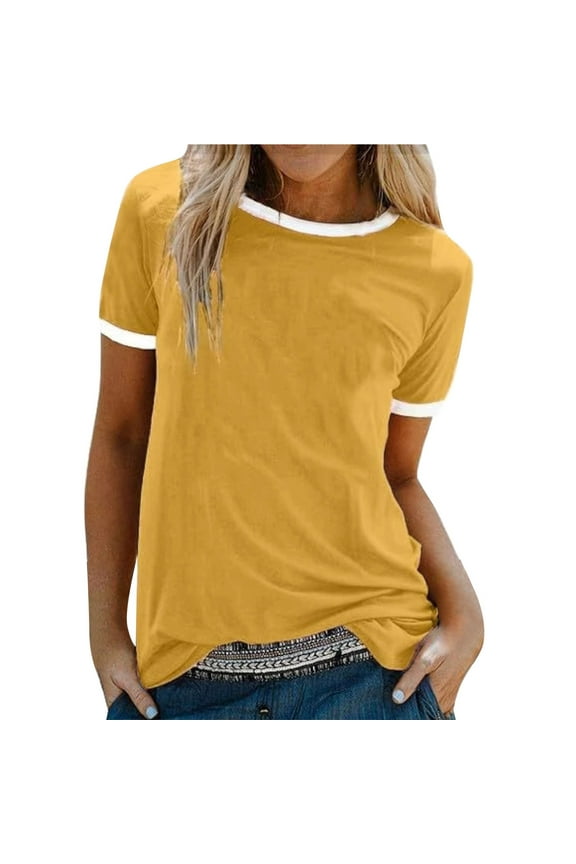 Womens Crew Neck Tops Contrast Binding Short Sleeve T Shirt Summer Tee Yellow L Cotton Short Sleeve Shirts for Women