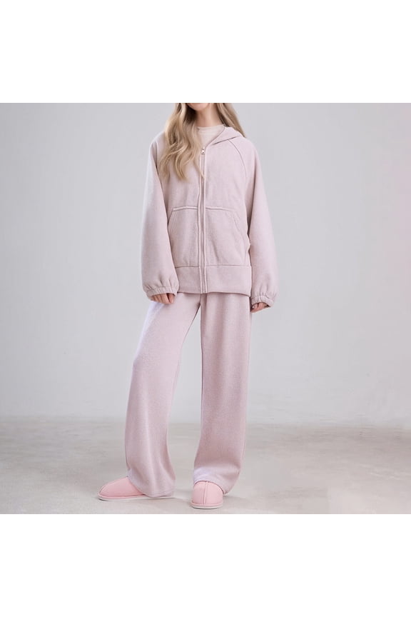 Womens Fuzzy 2 Piece Sets Warm Winter Sets Fleece Loose Comfy Ladies Plush Sleepwear Loungewear Outerwear
