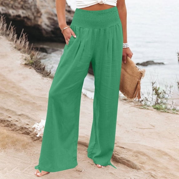 Delayuji Womens High Waist Wide Leg Pants Elastic Waist Loose Comfortable Pants With Pockets