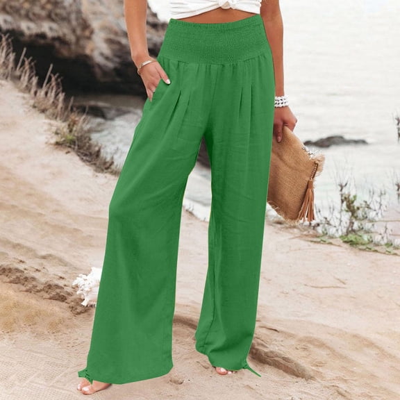 Delayuji Womens High Waist Wide Leg Pants Elastic Waist Loose Comfortable Pants With Pockets