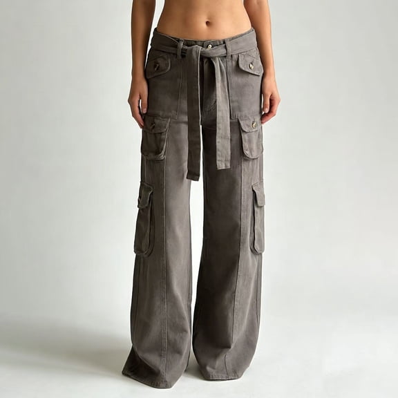 Delayuji Womens Jean Wide Leg Pants Flare Retro Women's Denim Jeans Relaxed Streetwear with Multi Pockets