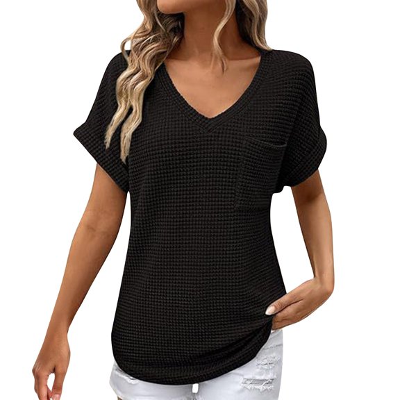 Delayuji Womens Knit Tops 2025 Spring Summer V Neck Shirts Casual Trendy Women's Blouses Basic Tee Black L Polyester Short Sleeve Shirts for Women