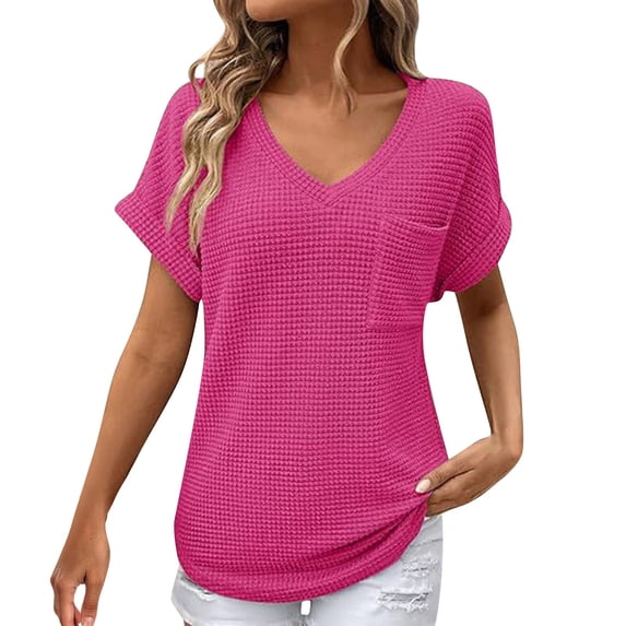 Delayuji Womens Knit Tops 2025 Spring Summer V Neck Shirts Casual Trendy Women's Blouses Basic Tee Pink S Polyester Short Sleeve Shirts for Women
