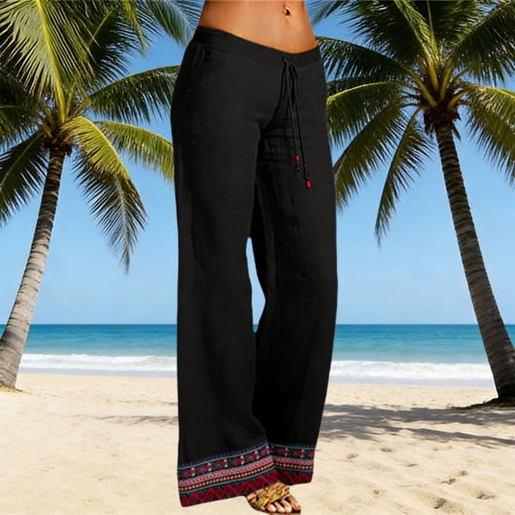 Delayuji Womens Linen Pant Bohemia Staly Wide Leg Pants Summer Palazzo Pants Loose Elastic Waist Casual Pants