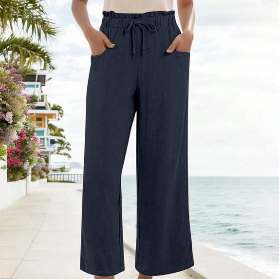 Delayuji Womens Linen Pant Loose Stretch Pleated High Waisted Straight Leg Pants Relaxed Fit Casual Pant Daily Wear