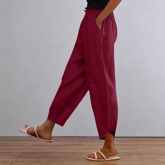 Delayuji Womens Linen Pants Casual Short Stacked V Slub Pants Trousers Spring Summer Outfits