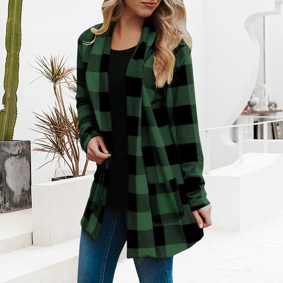 Delayuji Womens Long Sleeve Cardigan Coat Plaid Cardigan Spring Fashion Checkered Coat Womens Coat M-5XL