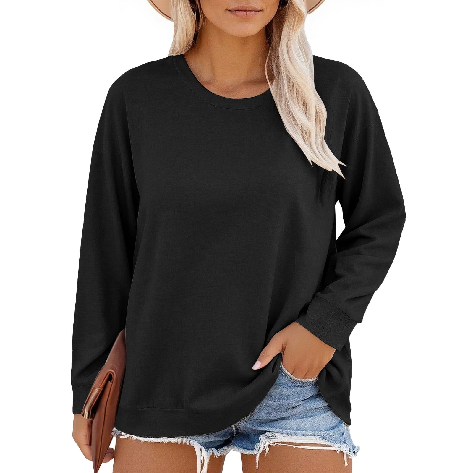 Delayuji Womens Long Sleeve T Shirts Womens Tops Solid Color Casual ...