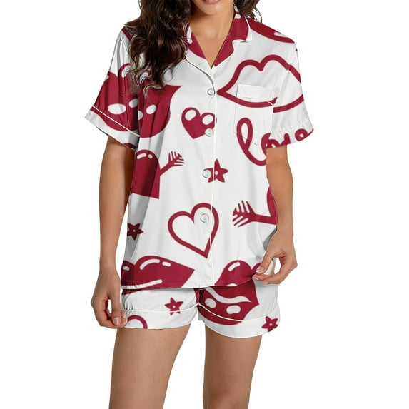 Delayuji Womens Pajamas Sets Loungewear Graphic Printed Satin Buttons Short Sleeve Tops and Shorts Sets Valentine's Day