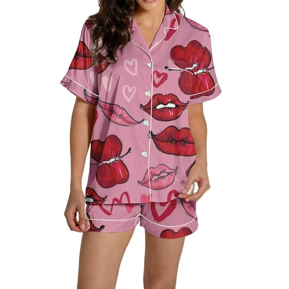 Delayuji Womens Pajamas Sets Loungewear Graphic Printed Satin Buttons Short Sleeve Tops and Shorts Sets Valentine's Day