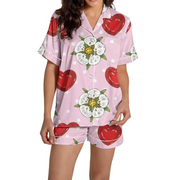 Delayuji Womens Pajamas Sets Loungewear Graphic Printed Satin Buttons Short Sleeve Tops and Shorts Sets Valentine's Day