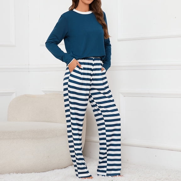 Delayuji Womens Pajamas Sets Round Neck Striped Printed Long Sleeve Top and Pants Set Sleepwear Loungewear Spring Outfits S-5XL