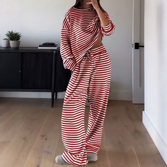 Delayuji Womens Pajamas Sets Striped 2 Piece Outfits Loungewear Long Sleeve Top and Wide Leg Pant Set Fall Winter Clothing