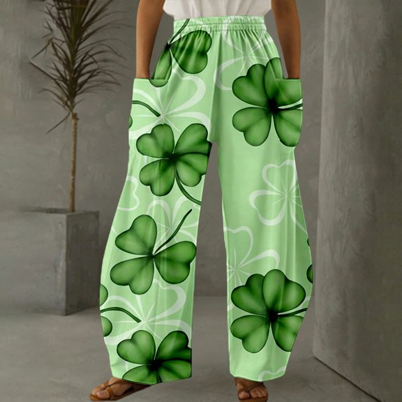 Delayuji Womens Pants Four Leaf Clover Printed Casual Comfortable Fashion Celebration Long Pants Lucky Women