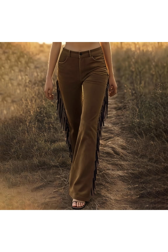 Womens Pants Western Brown Fringe Flared Pants Elastic Waist Flare Pants Trendy Stretchy Bodycon Suede Nap Pants