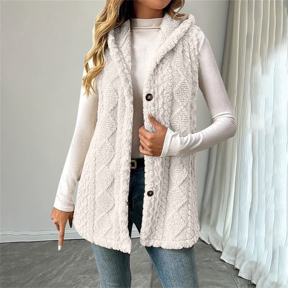 Delayuji Womens Plush Vest Coat With Hood Winter Fleece Button Up Long Vest Jackets Warm Lightweight Spring Outerwear