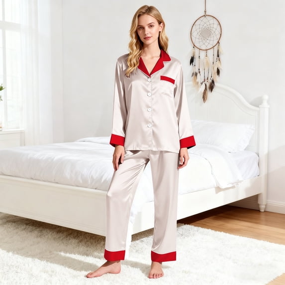 Delayuji Womens Satin Pajamas Set Classic Button Down Long Sleeve Tops and Pants Set Loungewear Sleepwear