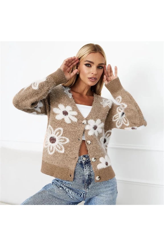 Womens Short Cardigan Flower Printed Knitted Cardigan V Neck Mink Fleece Sweater Womens Coat Spring Outfit