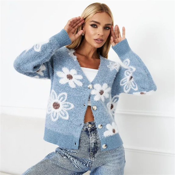 Delayuji Womens Short Cardigan Flower Printed Knitted Cardigan V Neck Mink Fleece Sweater Womens Coat Spring Outfit