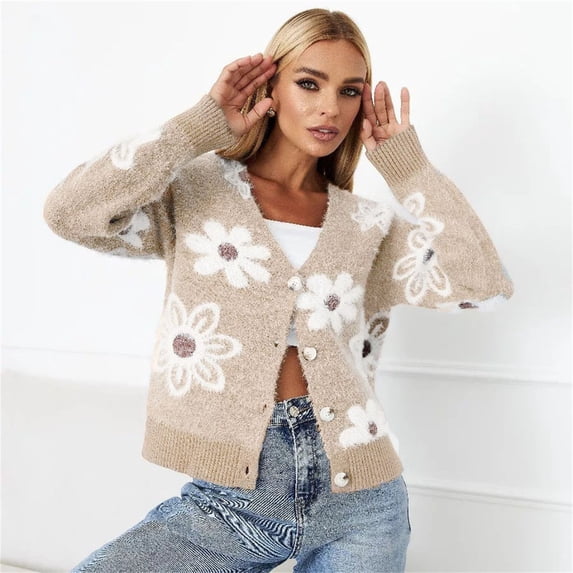 Delayuji Womens Short Cardigan Flower Printed Knitted Cardigan V Neck Mink Fleece Sweater Womens Coat Spring Outfit