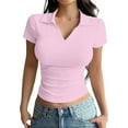 thumbnail image 1 of Delayuji Womens Short Sleeve Business Casual Tops Summer V Neck Work Shirts 2025 Basic Collared Shirt Pink S Nylon,Spandex Short Sleeve Shirts for Women, 1 of 9