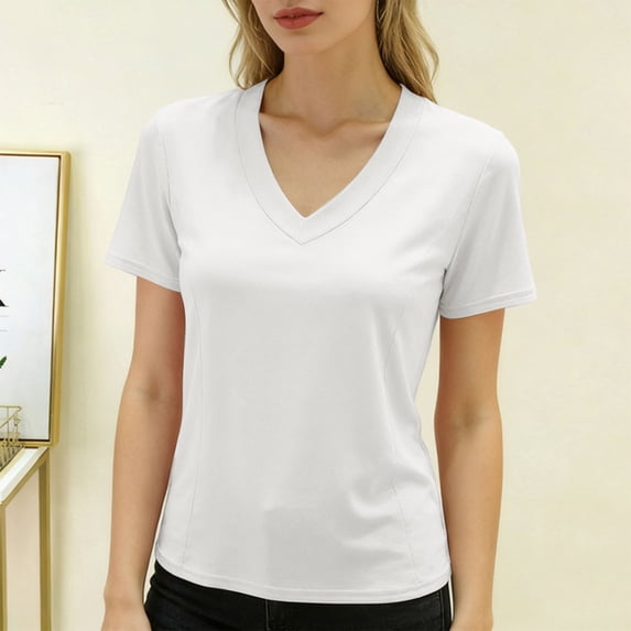 Delayuji Womens Short Sleeve Tshirt V Neck Casual T Shirts Basic Tee Classic Fit Plain Summer Crop Tops Work Wear M-6XL