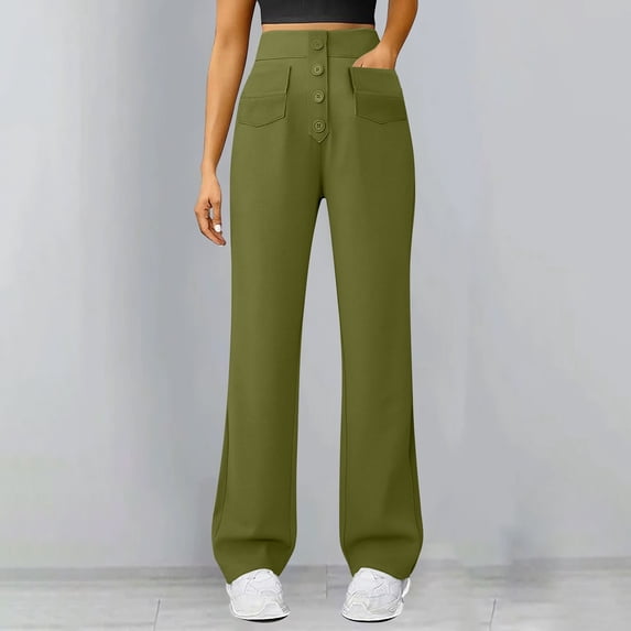 Delayuji Womens Straight Leg Pants High Waist Wide Leg Pants Button Down Pants With Pockets Yoga Pants