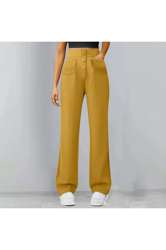 Womens Straight Leg Pants High Waist Wide Leg Pants Button Down Pants With Pockets Yoga Pants