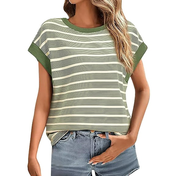 Delayuji Womens Striped Cap Sleeve T Shirts Summer Casual Oversized Ribbed Knit Tops Crew Neck Loose Fit Blouses Green M Cotton Short Sleeve Shirts for Women