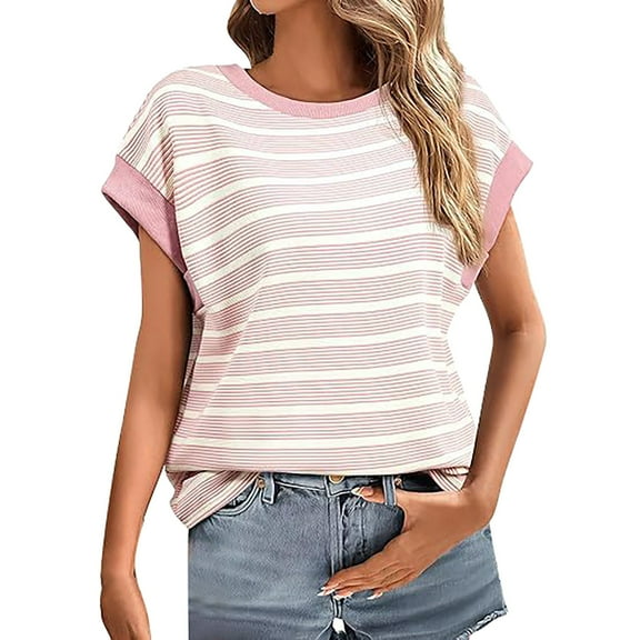 Delayuji Womens Striped Cap Sleeve T Shirts Summer Casual Oversized Ribbed Knit Tops Crew Neck Loose Fit Blouses Pink M Cotton Short Sleeve Shirts for Women