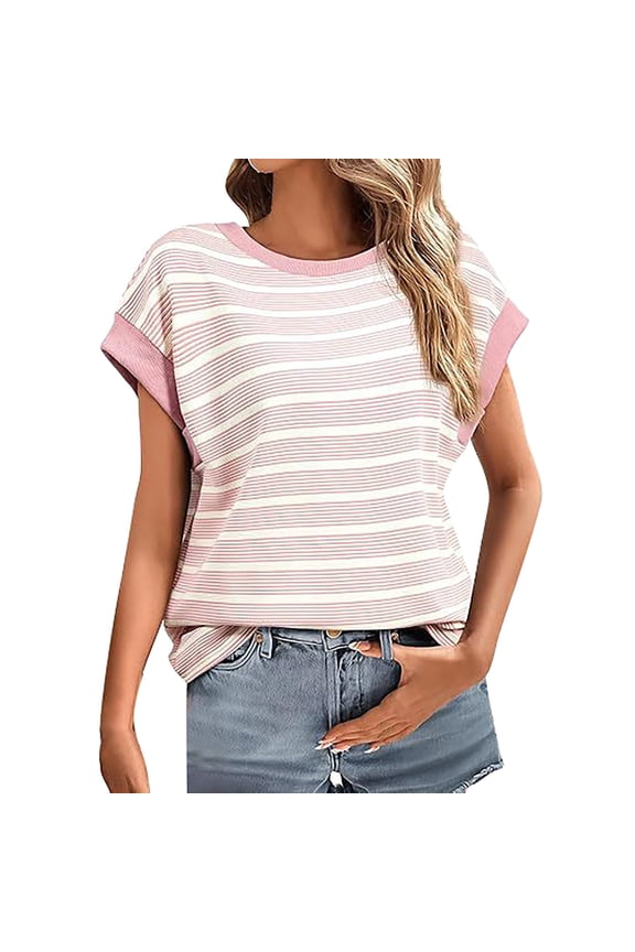 Womens Striped Cap Sleeve T Shirts Summer Casual Oversized Ribbed Knit Tops Crew Neck Loose Fit Blouses Pink M Cotton Short Sleeve Shirts for Women