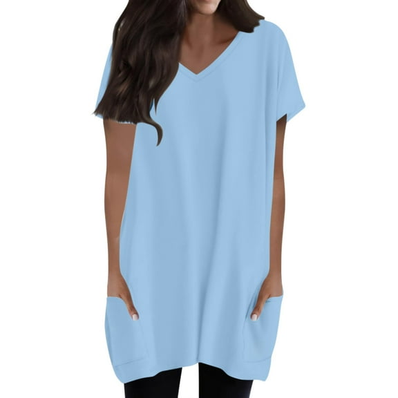 Delayuji Womens Summer 2025 Casual Short Sleeve V Neck Shirts Loose Fit Oversized Tshirts Tunic Tops with Pockets Blue L Polyester,Spandex Short Sleeve Shirts for Women