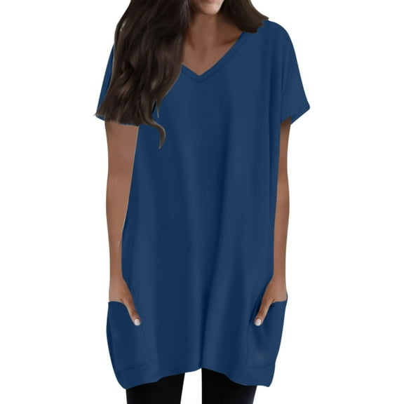 Delayuji Womens Summer 2025 Casual Short Sleeve V Neck Shirts Loose Fit Oversized Tshirts Tunic Tops with Pockets Blue S Polyester,Spandex Short Sleeve Shirts for Women