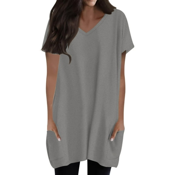 Delayuji Womens Summer 2025 Casual Short Sleeve V Neck Shirts Loose Fit Oversized Tshirts Tunic Tops with Pockets Gray M Polyester,Spandex Short Sleeve Shirts for Women