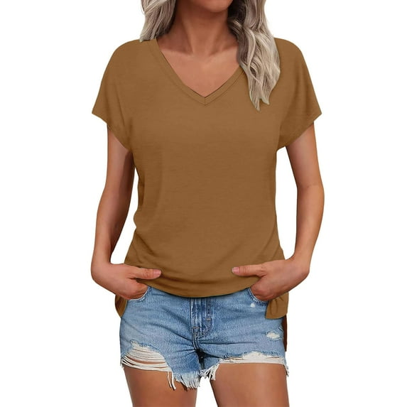 Delayuji Womens Summer Daily Casual V Neck Shirts Short Sleeve Tops Blouses Loose Fit Shirt Brown M Polyester,Spandex Short Sleeve Shirts for Women