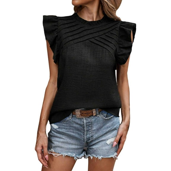 Delayuji Womens Summer Tops Ruffle Short Sleeve Crew Neck T Shirt Casual Front Pleated Basic Tee Blouses Black L Chiffon Short Sleeve Shirts for Women