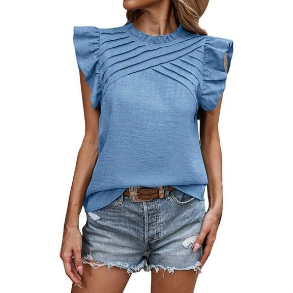 Delayuji Womens Summer Tops Ruffle Short Sleeve Crew Neck T Shirt Casual Front Pleated Basic Tee Blouses Blue L Chiffon Short Sleeve Shirts for Women
