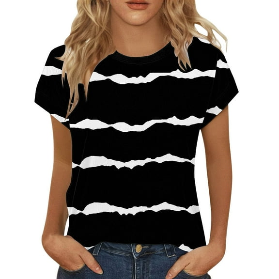 Delayuji Womens Summer Tops Short Sleeve Shirts Crew Neck Cute Trendy Tunic Blouses Black S Polyester,Spandex Short Sleeve Shirts for Women