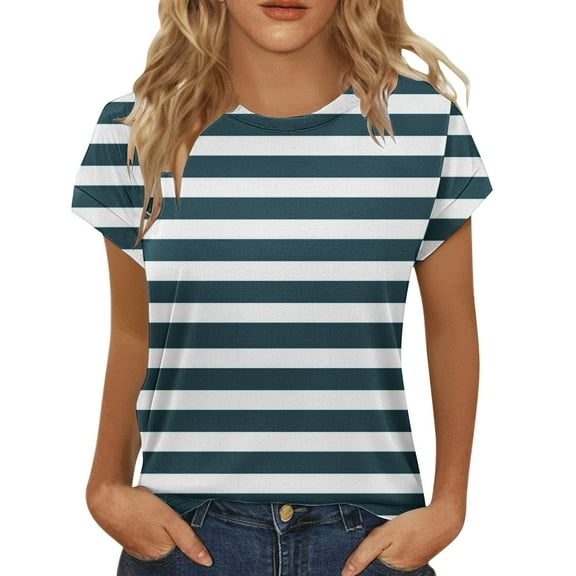 Delayuji Womens Summer Tops Short Sleeve Shirts Crew Neck Cute Trendy Tunic Blouses Blue L Polyester,Spandex Short Sleeve Shirts for Women