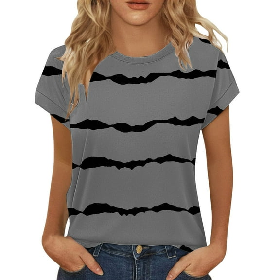 Delayuji Womens Summer Tops Short Sleeve Shirts Crew Neck Cute Trendy Tunic Blouses Gray L Polyester,Spandex Short Sleeve Shirts for Women